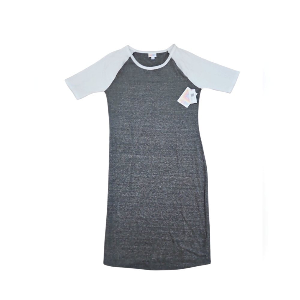 Lularoe Julia Gray Dress with  White sleeves.